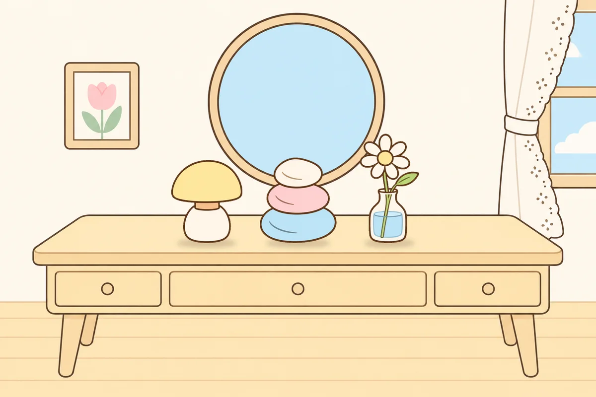 과천 여성전용 피부 관리 안내 그림, 화장대 위의 무드등, 조약돌, 데이지 꽃병