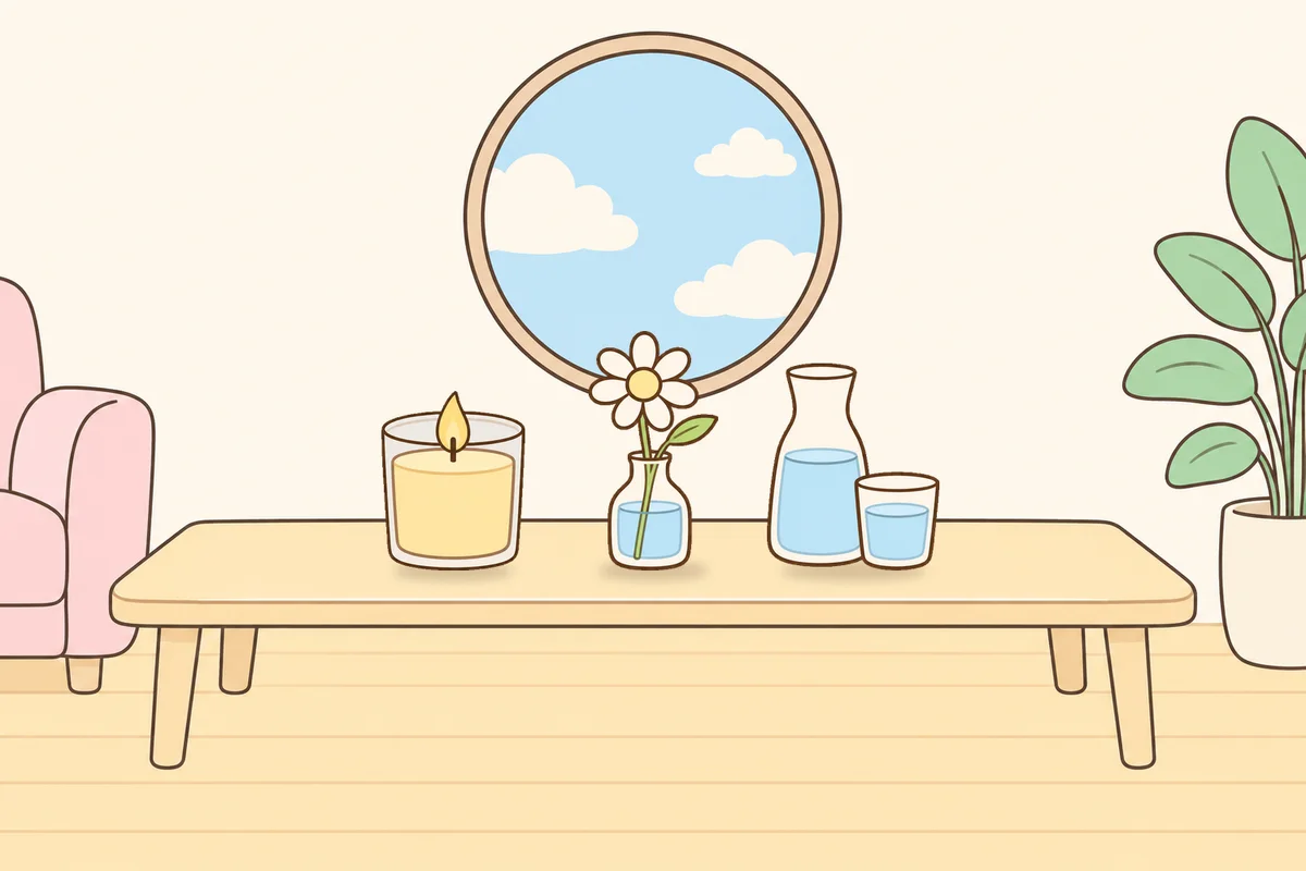 과천 여성전용 마사지 가격 안내 그림, 거실 원목 테이블 위의 향초, 데이지 꽃병, 물병