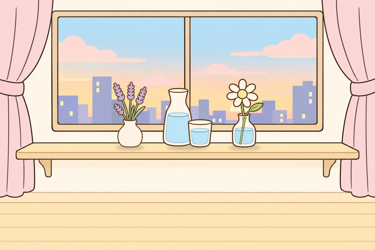 과천 여성전용 마사지 추천 안내 그림, 호텔 창가 선반 위의 라벤더 꽃병, 물병, 데이지 꽃병