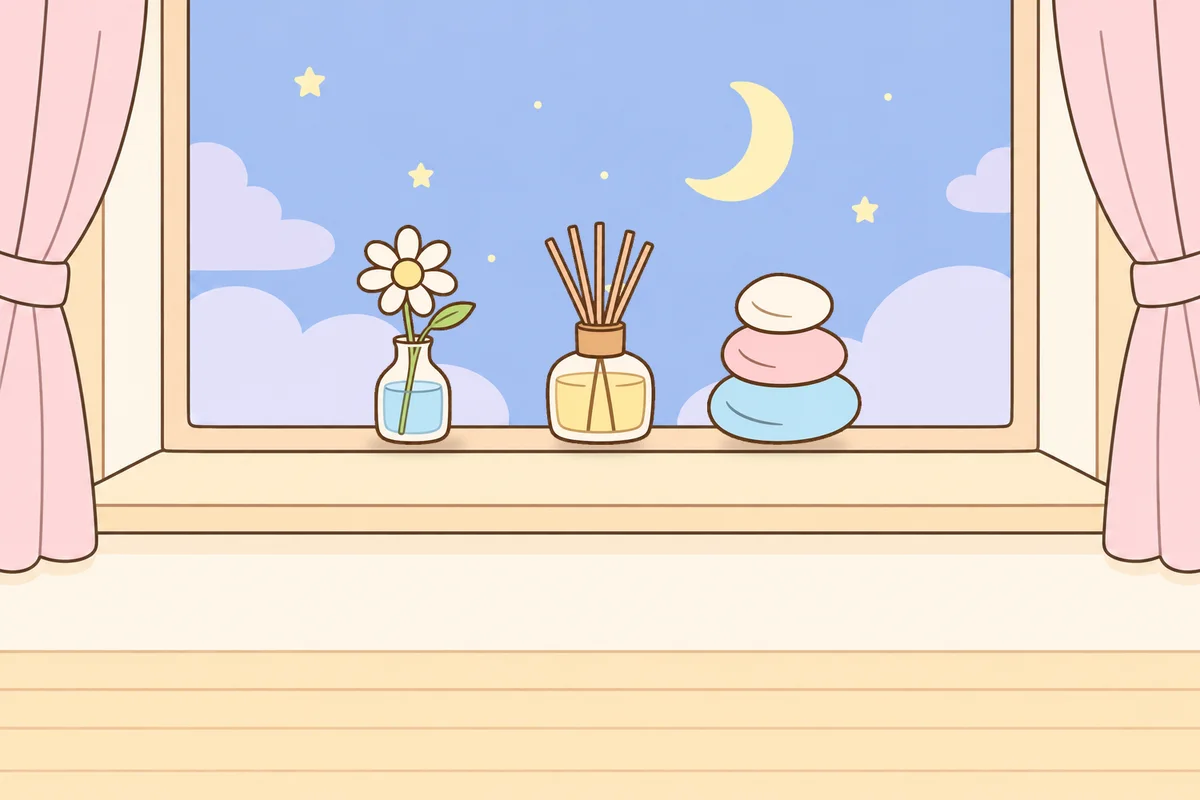 과천 여성전용 출장 마사지 안내 그림, 밤 창가 창턱 위의 데이지 꽃병, 디퓨저, 조약돌