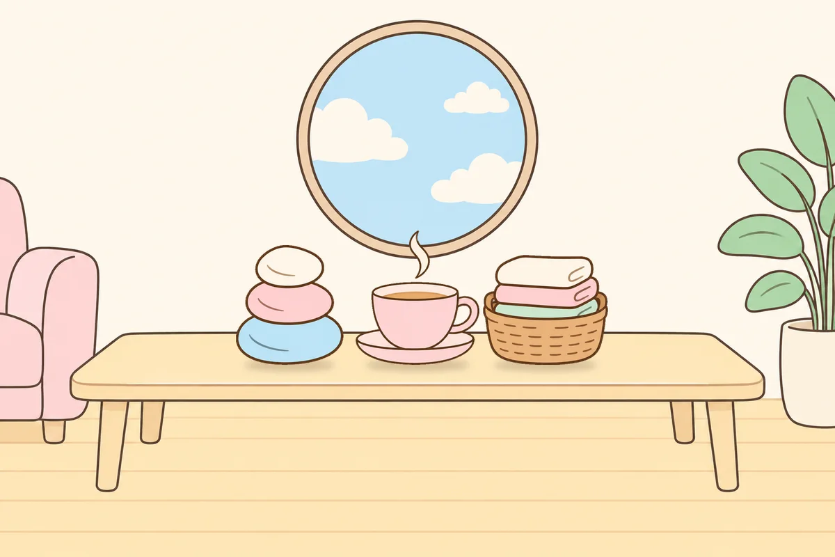 과천 여성전용 출장 마사지 후기 안내 그림, 거실 원목 테이블 위의 조약돌, 찻잔, 수건 바구니