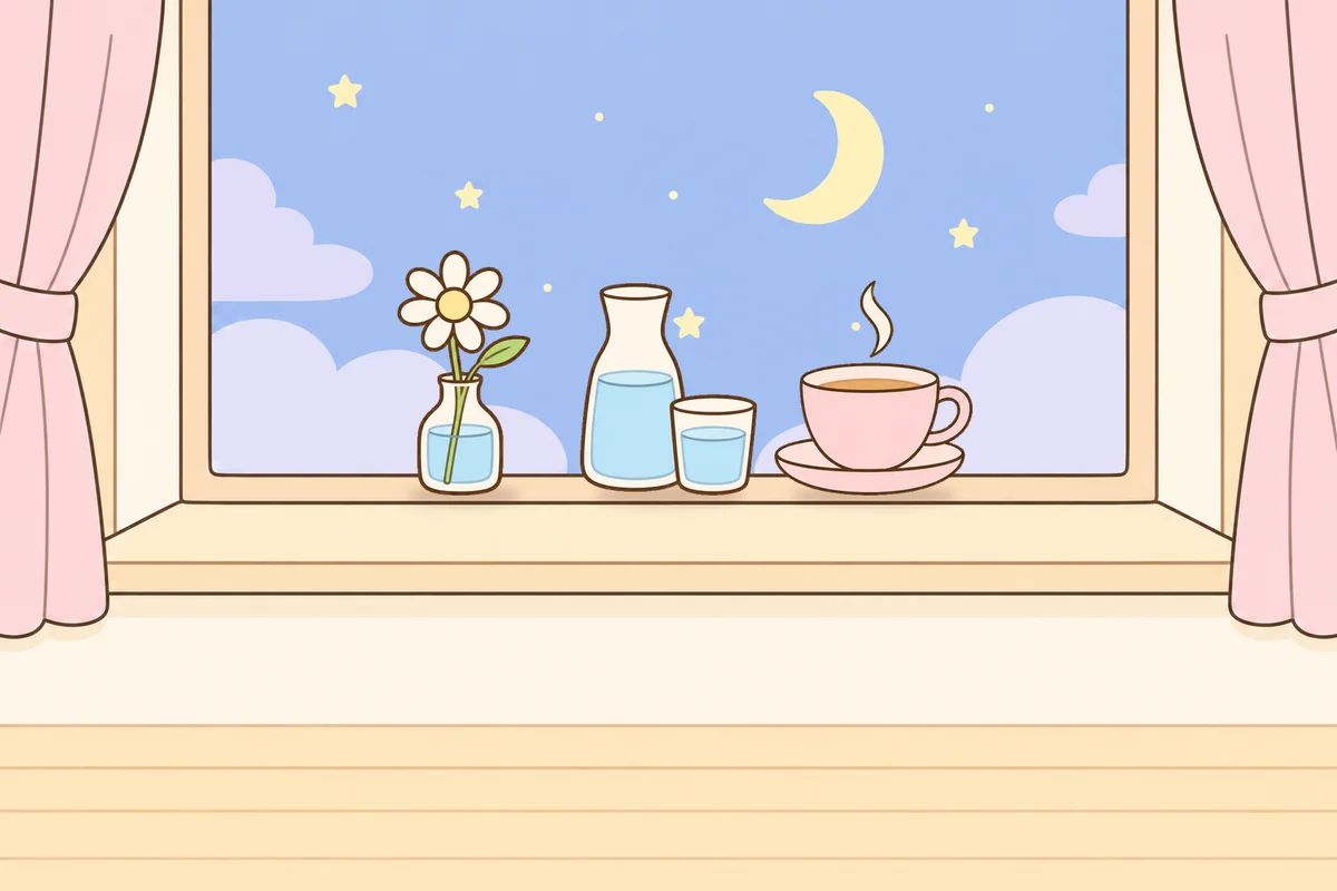 인천 중구 여성전용 스웨디시 홈케어 안내 그림, 밤 창가 창턱 위의 데이지 꽃병, 물병, 찻잔
