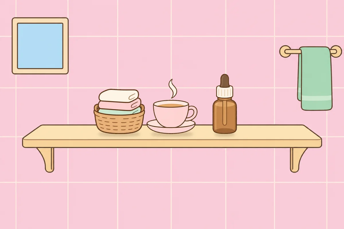 인천 중구 여성전용 프리미엄 스웨디시 안내 그림, 파우더룸 선반 위의 수건 바구니, 찻잔, 오일병