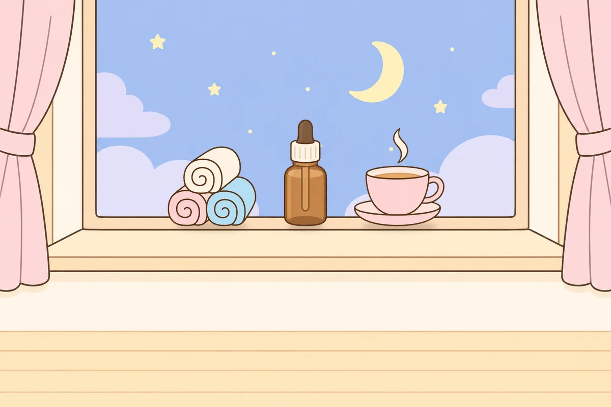 인천 중구 여성전용 홈케어 안내 그림, 밤 창가 창턱 위의 수건, 오일병, 찻잔