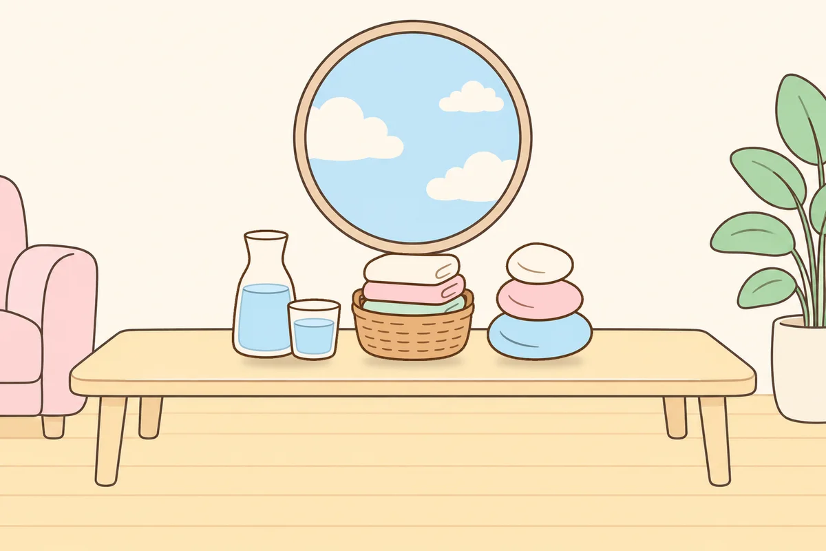 인천 중구 여성전용 홈케어 서비스 안내 그림, 거실 원목 테이블 위의 물병, 수건 바구니, 조약돌