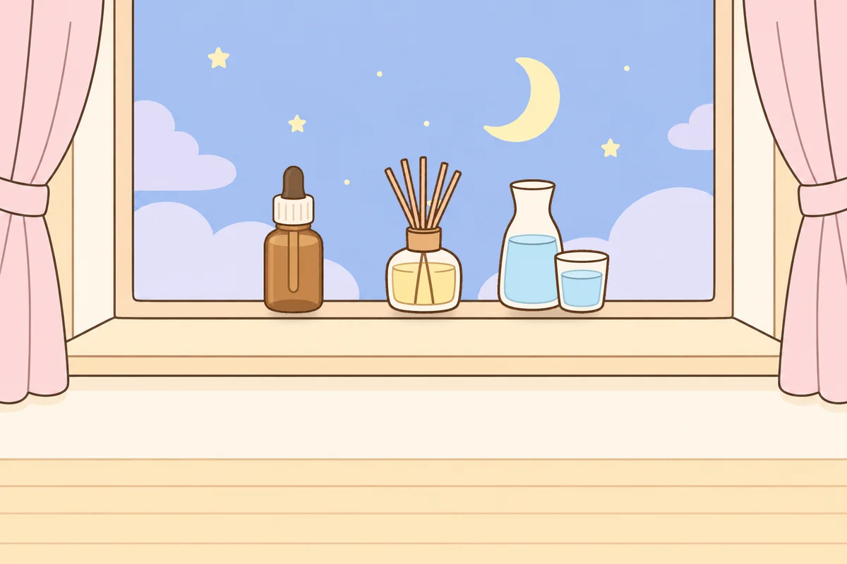 인천 중구 여성전용 등 마사지 안내 그림, 밤 창가 창턱 위의 오일병, 디퓨저, 물병