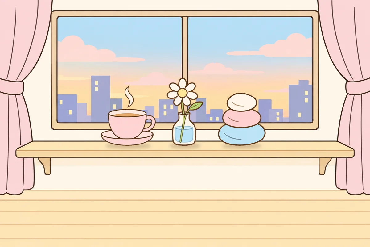 인천 중구 여성전용 두피 케어 안내 그림, 호텔 창가 선반 위의 찻잔, 데이지 꽃병, 조약돌
