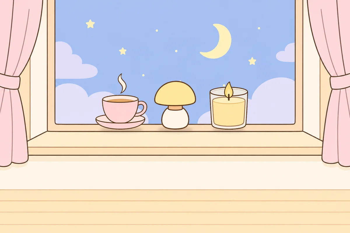 인천 중구 여성전용 두통 완화 마사지 안내 그림, 밤 창가 창턱 위의 찻잔, 무드등, 향초