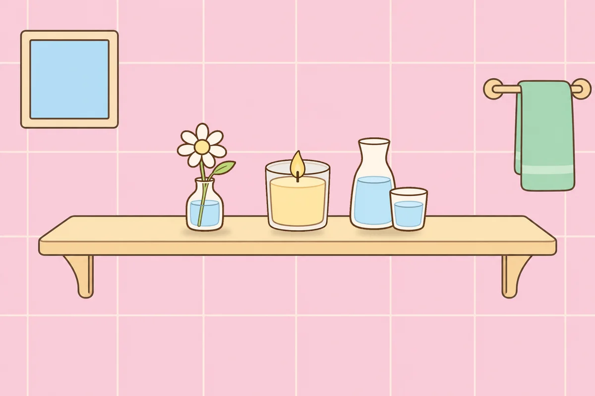 인천 중구 여성전용 페이셜 마사지 안내 그림, 파우더룸 선반 위의 데이지 꽃병, 향초, 물병