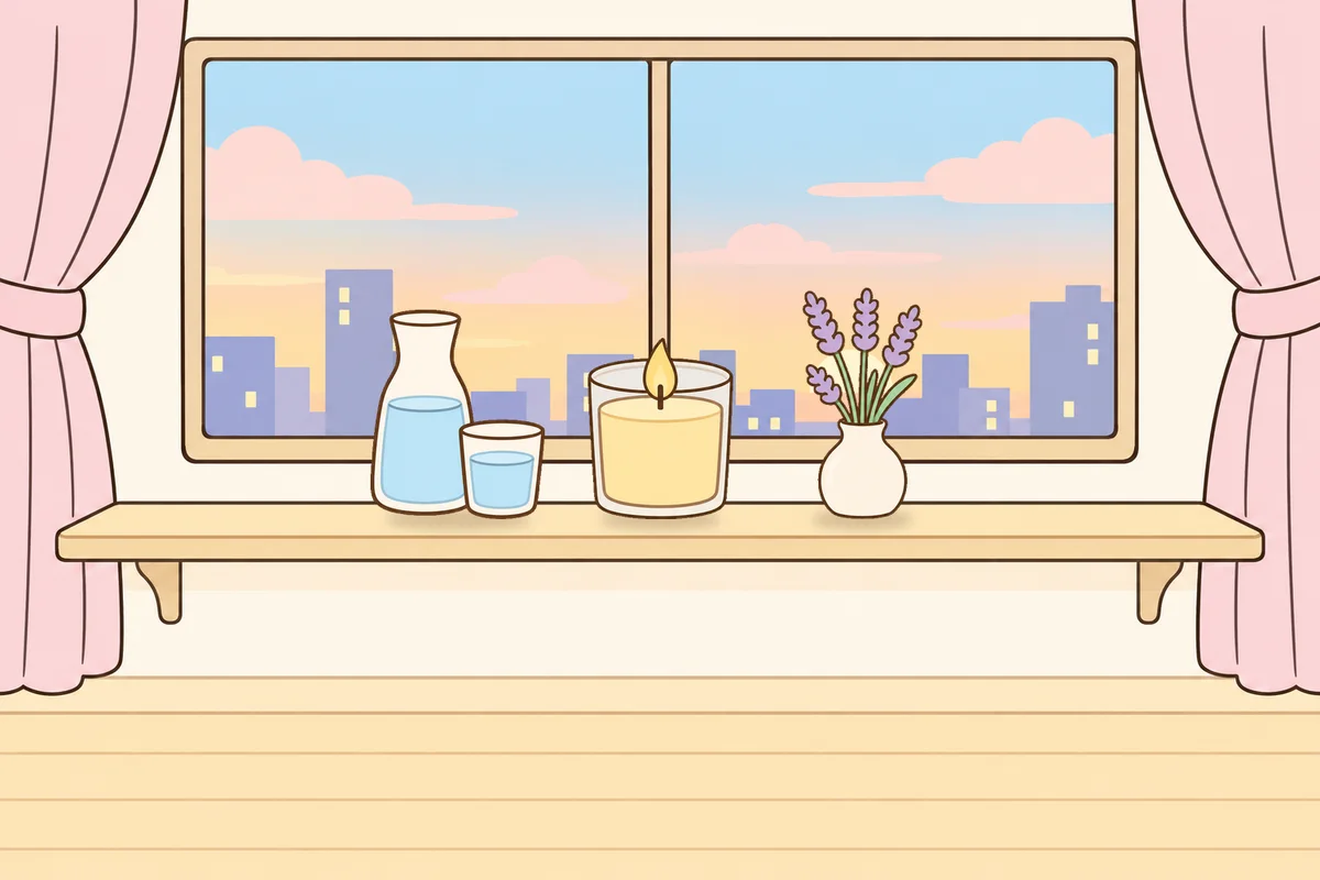 인천 중구 여성전용 피부 관리 안내 그림, 호텔 창가 선반 위의 물병, 향초, 라벤더 꽃병