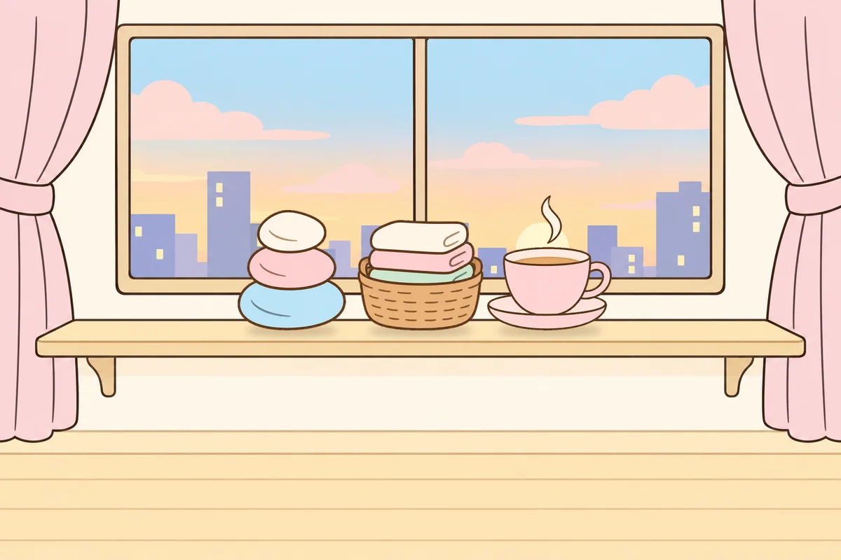 인천 중구 여성전용 마사지 후기 안내 그림, 호텔 창가 선반 위의 조약돌, 수건 바구니, 찻잔