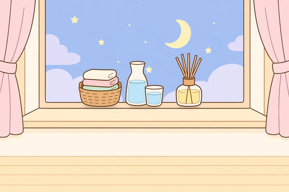 인천 중구 여성전용 마사지 가격 안내 그림, 밤 창가 창턱 위의 수건 바구니, 물병, 디퓨저