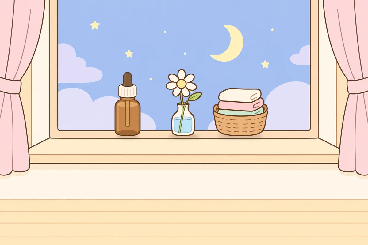인천 동구 여성전용 방문 홈케어 안내 그림, 밤 창가 창턱 위의 오일병, 데이지 꽃병, 수건 바구니