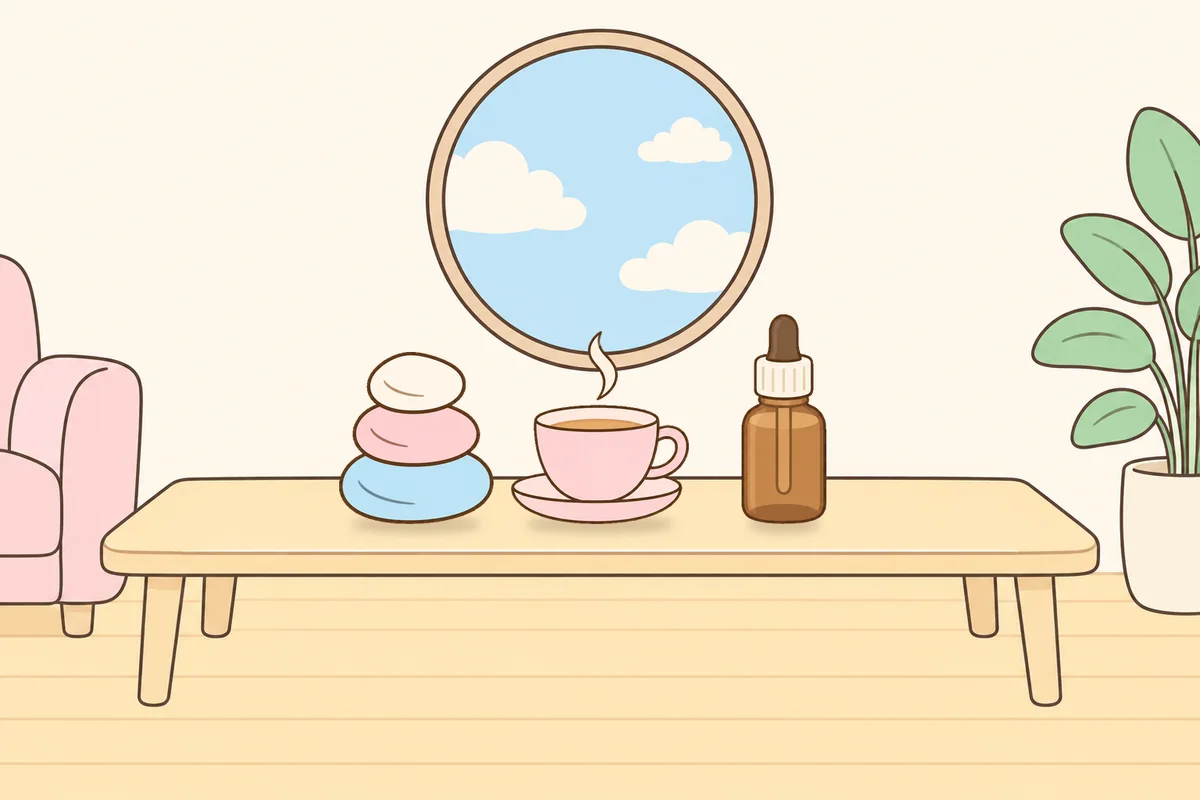 인천 동구 여성전용 1인샵 안내 그림, 거실 원목 테이블 위의 조약돌, 찻잔, 오일병