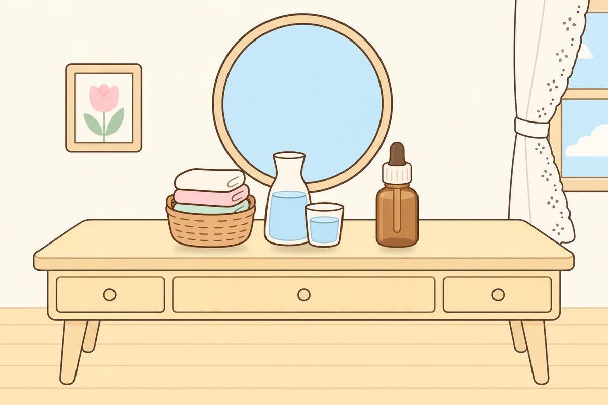 인천 동구 여성전용 부종 케어 안내 그림, 화장대 위의 수건 바구니, 물병, 오일병
