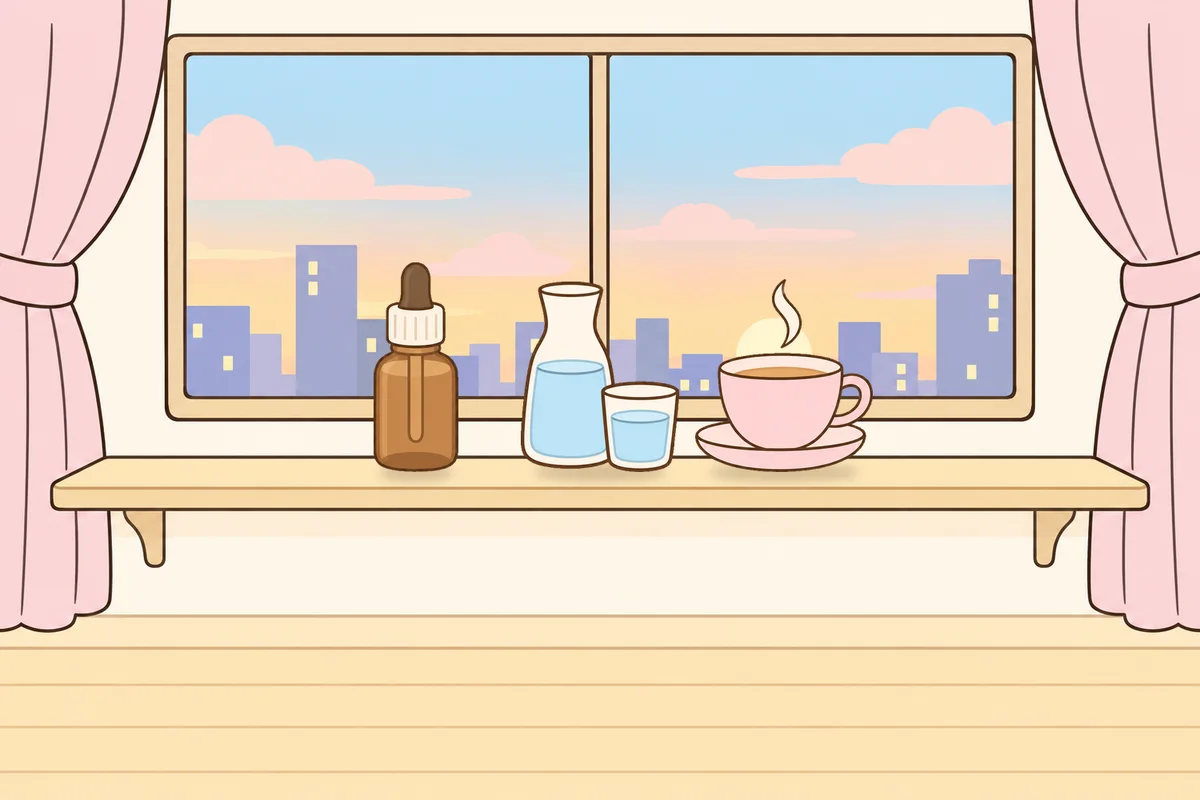 인천 동구 여성전용 종아리 케어 안내 그림, 호텔 창가 선반 위의 오일병, 물병, 찻잔