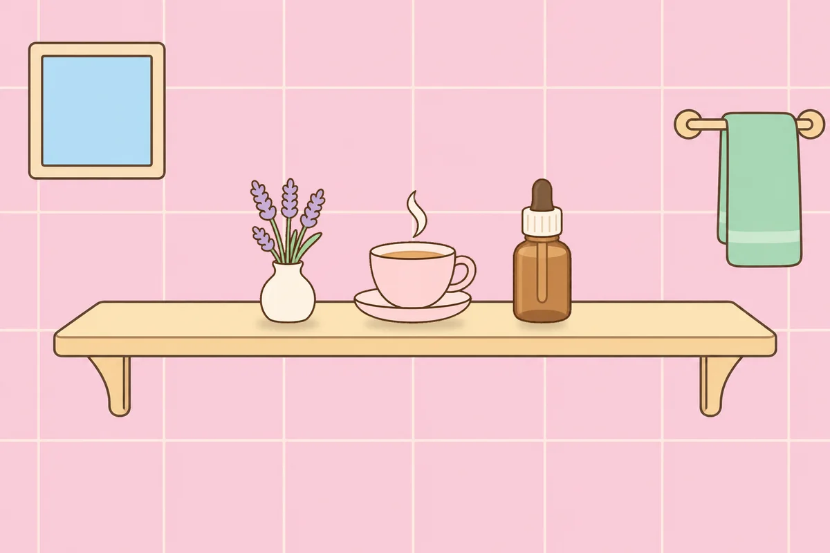 인천 동구 여성전용 스트레스 케어 안내 그림, 파우더룸 선반 위의 라벤더 꽃병, 찻잔, 오일병