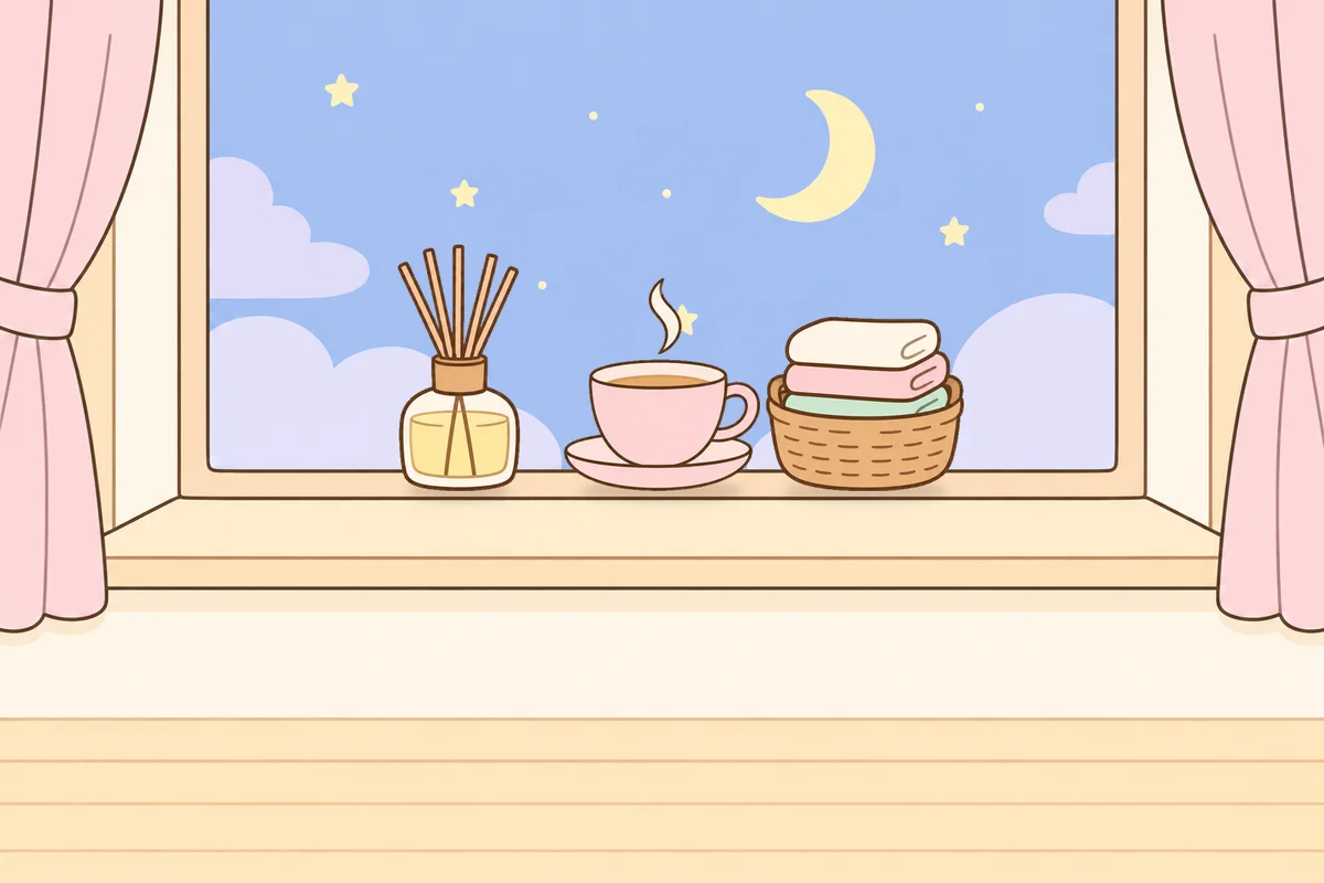 인천 동구 여성전용 마사지 추천 안내 그림, 밤 창가 창턱 위의 디퓨저, 찻잔, 수건 바구니