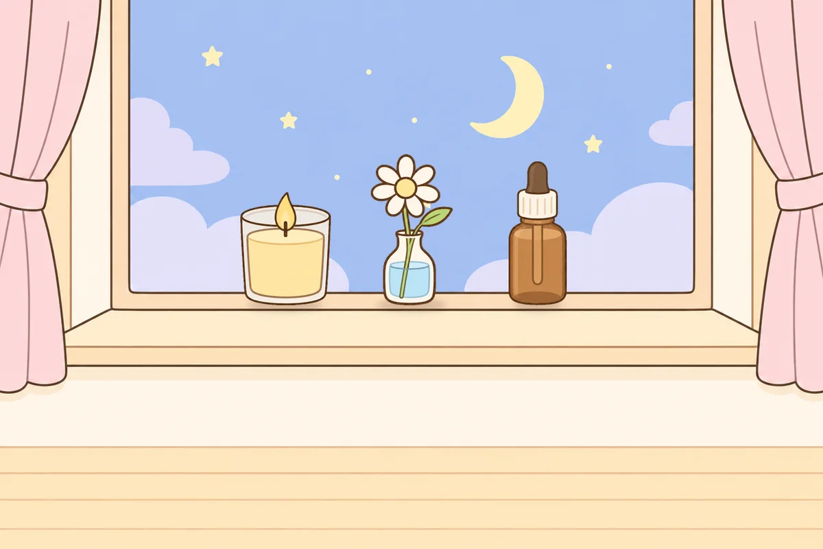 인천 미추홀구 여성전용 경락 추천 안내 그림, 밤 창가 창턱 위의 향초, 데이지 꽃병, 오일병