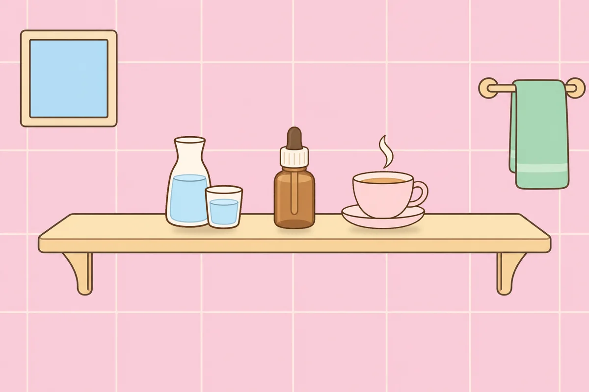 인천 미추홀구 여성전용 방문 홈케어 안내 그림, 파우더룸 선반 위의 물병, 오일병, 찻잔