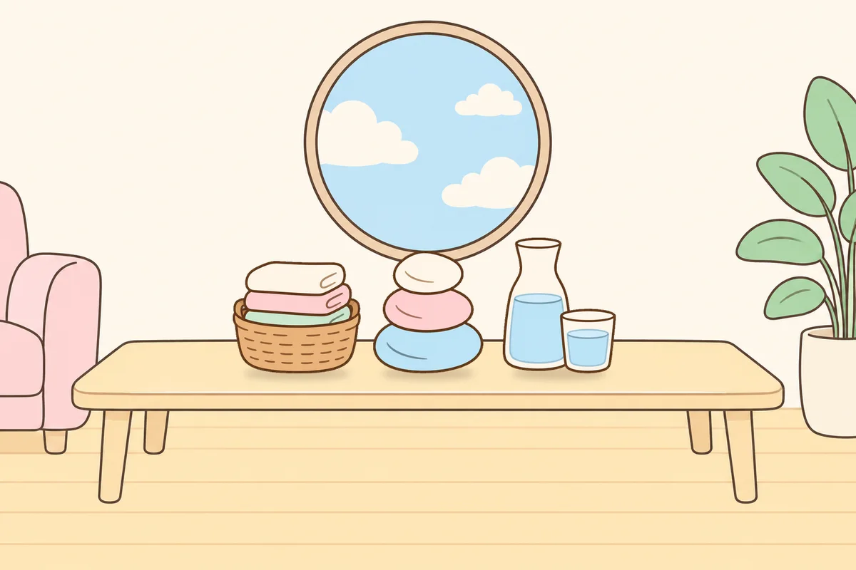 인천 미추홀구 여성전용 발관리 추천 안내 그림, 거실 원목 테이블 위의 수건 바구니, 조약돌, 물병
