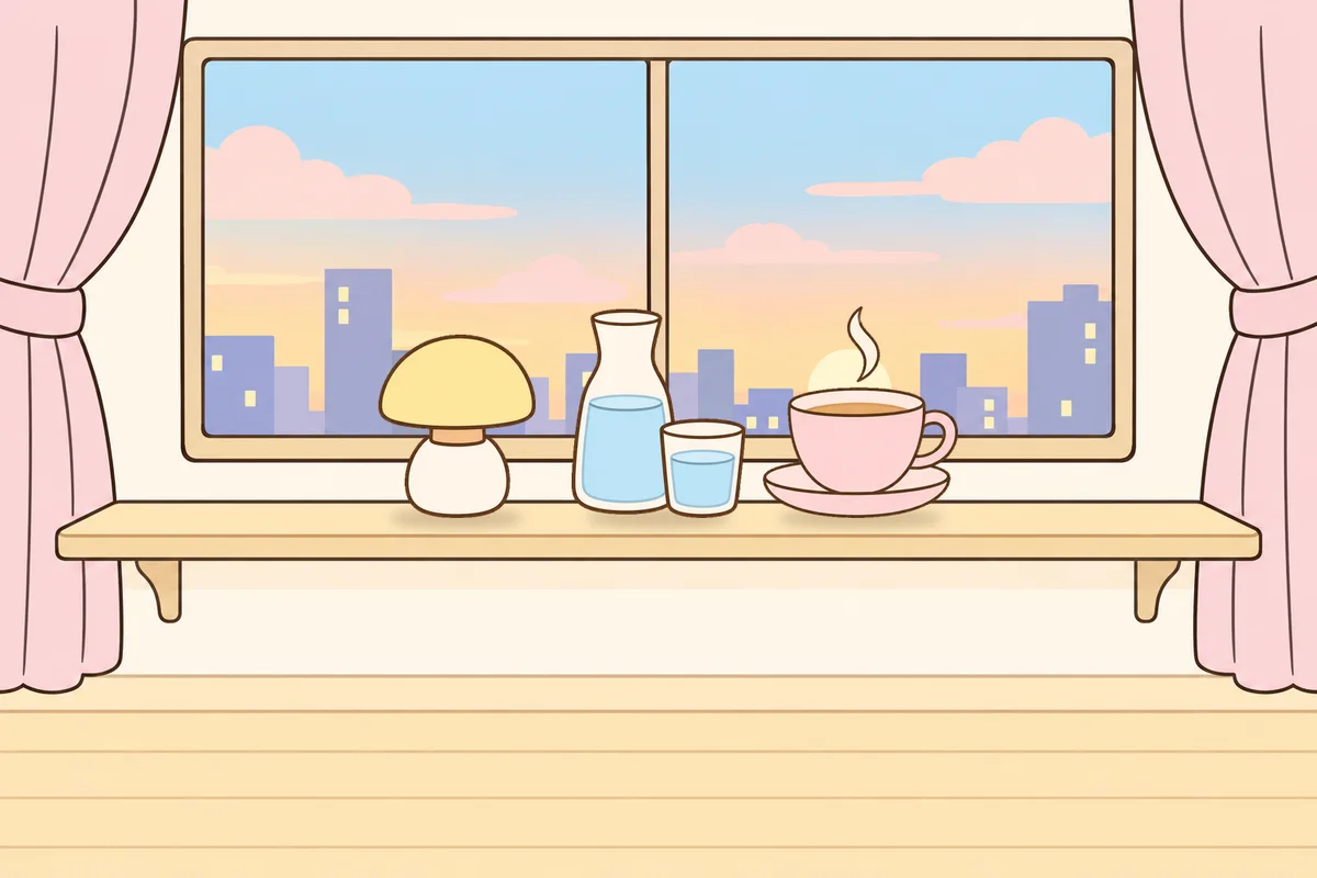 인천 미추홀구 여성전용 스트레스 케어 안내 그림, 호텔 창가 선반 위의 무드등, 물병, 찻잔