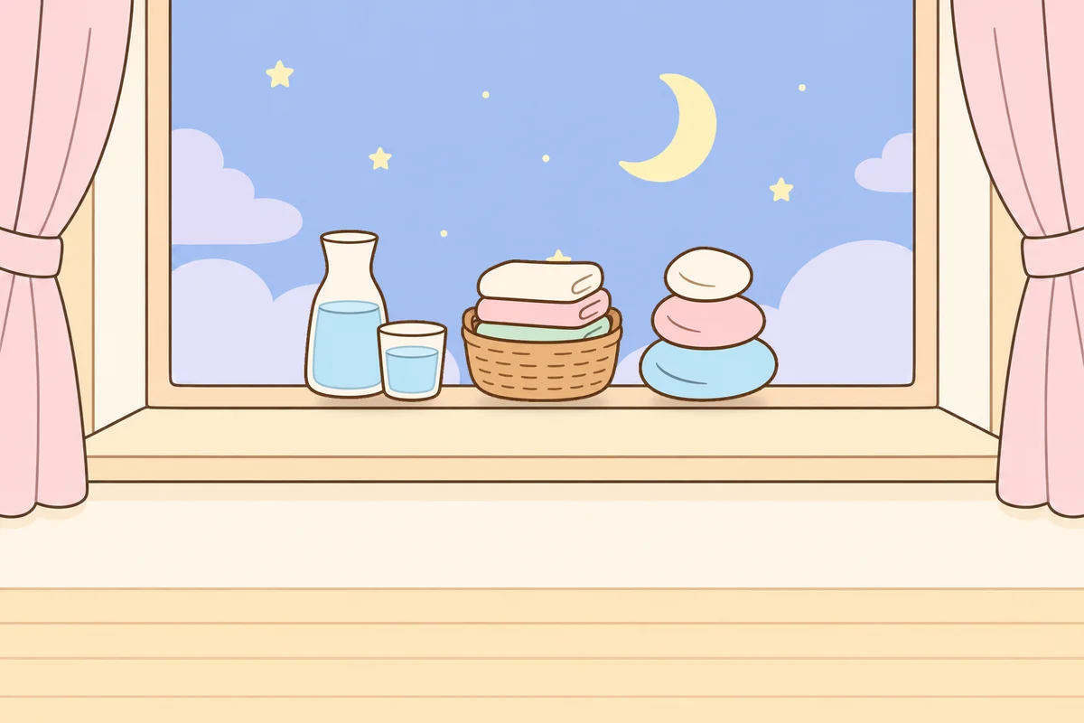 인천 미추홀구 여성전용 출장 마사지 후기 안내 그림, 밤 창가 창턱 위의 물병, 수건 바구니, 조약돌