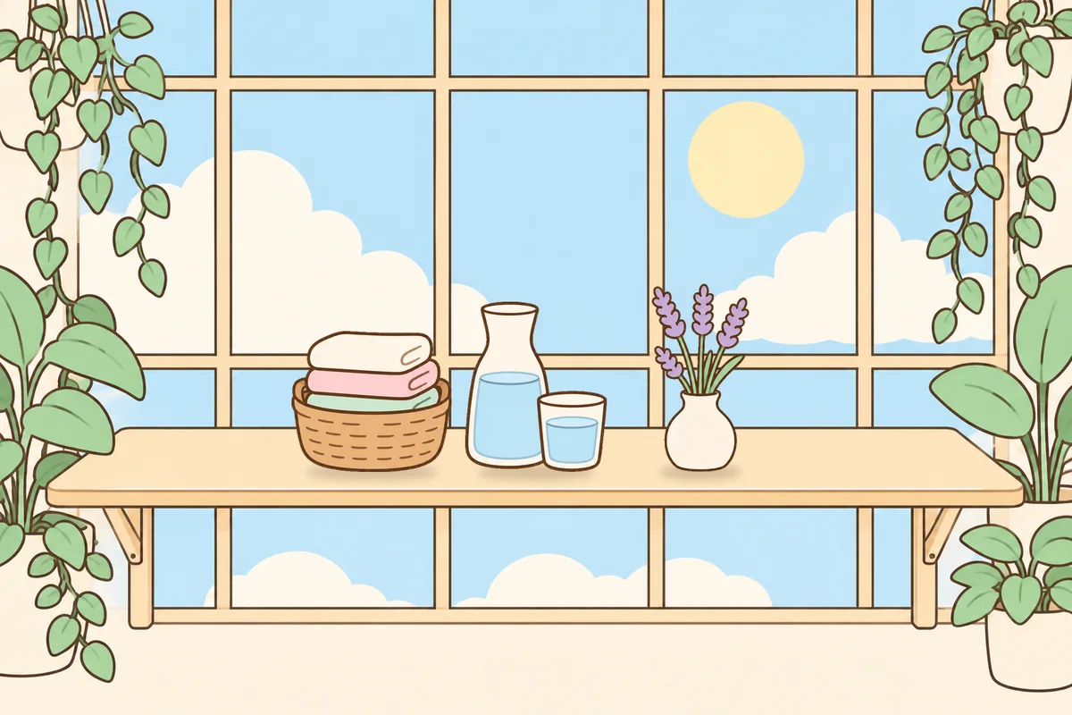 인천 연수구 여성전용 등 마사지 안내 그림, 햇살 드는 창가 선반 위의 수건 바구니, 물병, 라벤더 꽃병