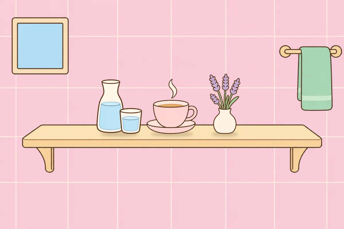 인천 남동구 여성전용 스웨디시 마사지 안내 그림, 파우더룸 선반 위의 물병, 찻잔, 라벤더 꽃병