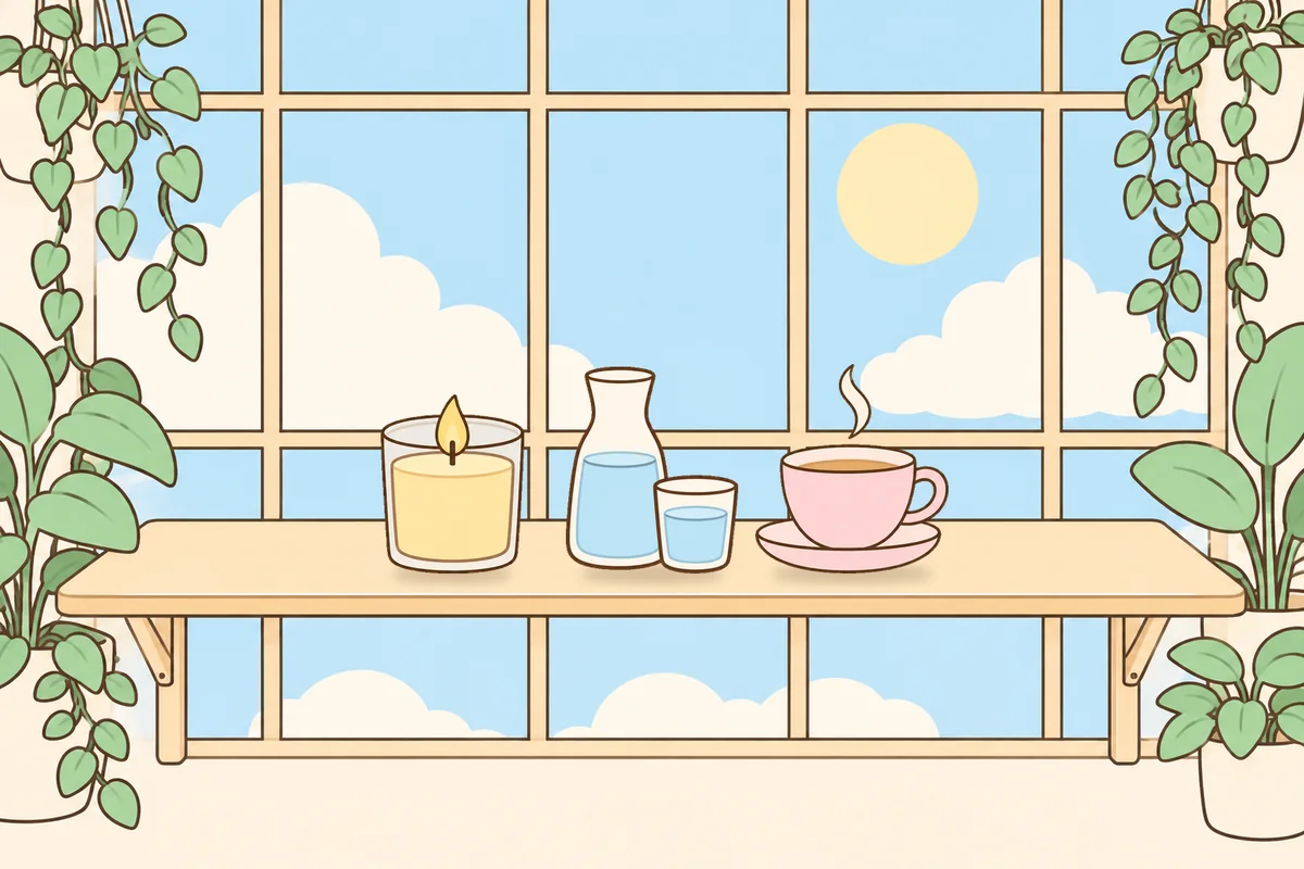 인천 남동구 여성전용 아로마 마사지 후기 안내 그림, 햇살 드는 창가 선반 위의 향초, 물병, 찻잔
