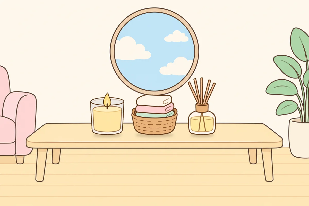 인천 남동구 여성전용 발관리 안내 그림, 거실 원목 테이블 위의 향초, 수건 바구니, 디퓨저