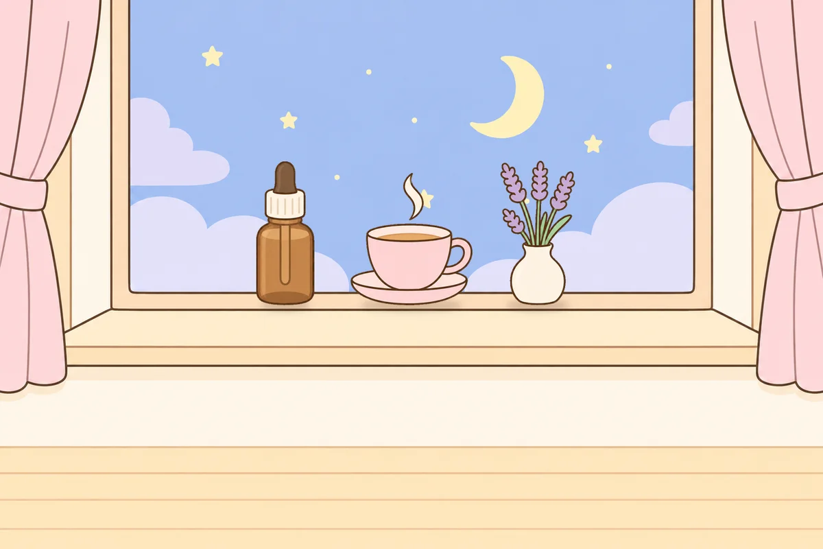 인천 남동구 여성전용 발마사지 안내 그림, 밤 창가 창턱 위의 오일병, 찻잔, 라벤더 꽃병