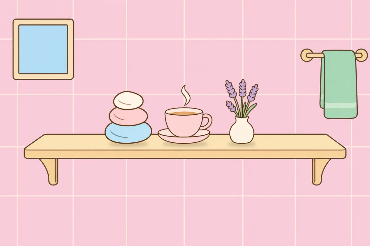 인천 남동구 여성전용 발관리 후기 안내 그림, 파우더룸 선반 위의 조약돌, 찻잔, 라벤더 꽃병