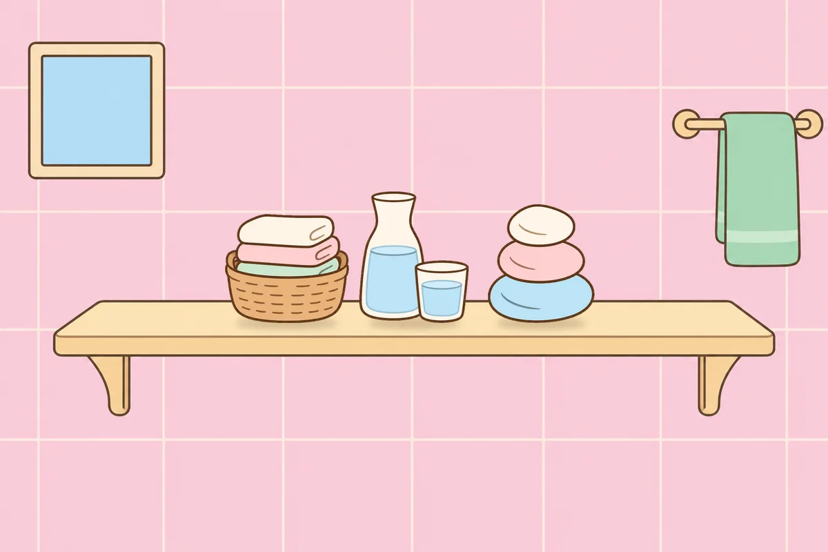 인천 남동구 여성전용 림프 마사지 안내 그림, 파우더룸 선반 위의 수건 바구니, 물병, 조약돌