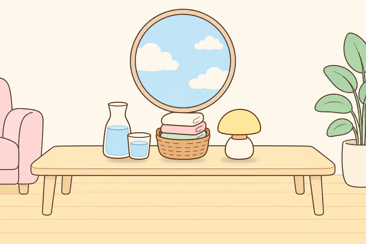 인천 남동구 여성전용 두통 완화 마사지 안내 그림, 거실 원목 테이블 위의 물병, 수건 바구니, 무드등