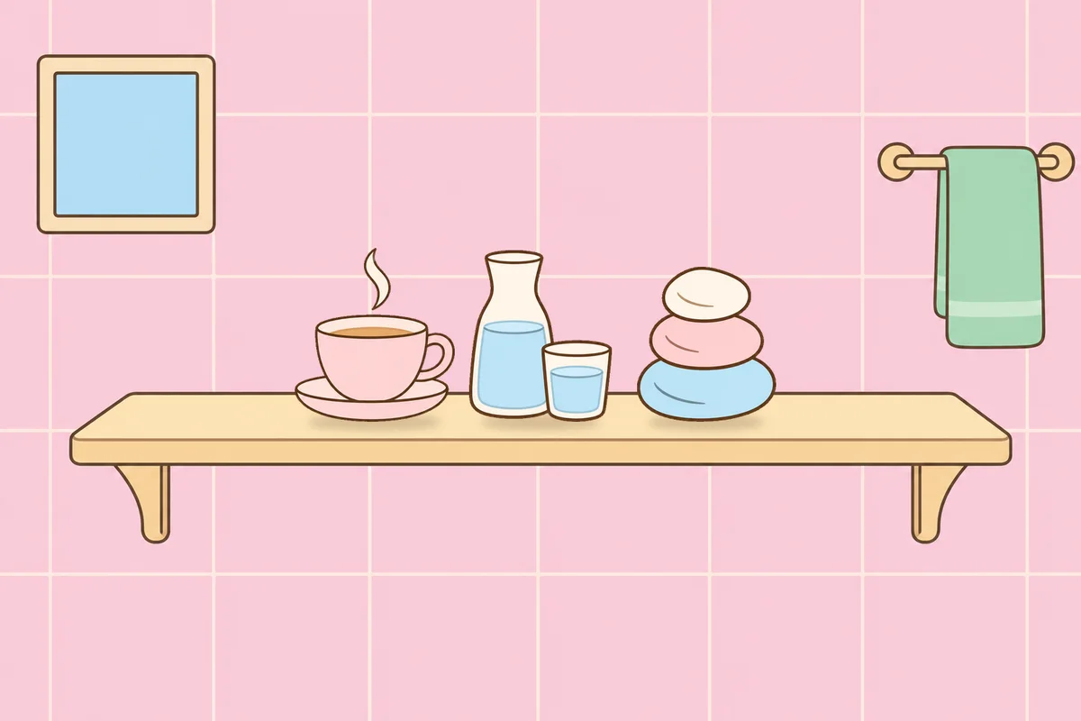 인천 남동구 여성전용 스트레스 케어 안내 그림, 파우더룸 선반 위의 찻잔, 물병, 조약돌