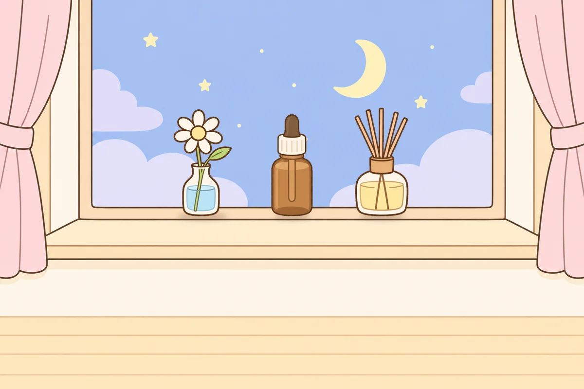인천 부평 여성전용 스웨디시 후기 안내 그림, 밤 창가 창턱 위의 데이지 꽃병, 오일병, 디퓨저