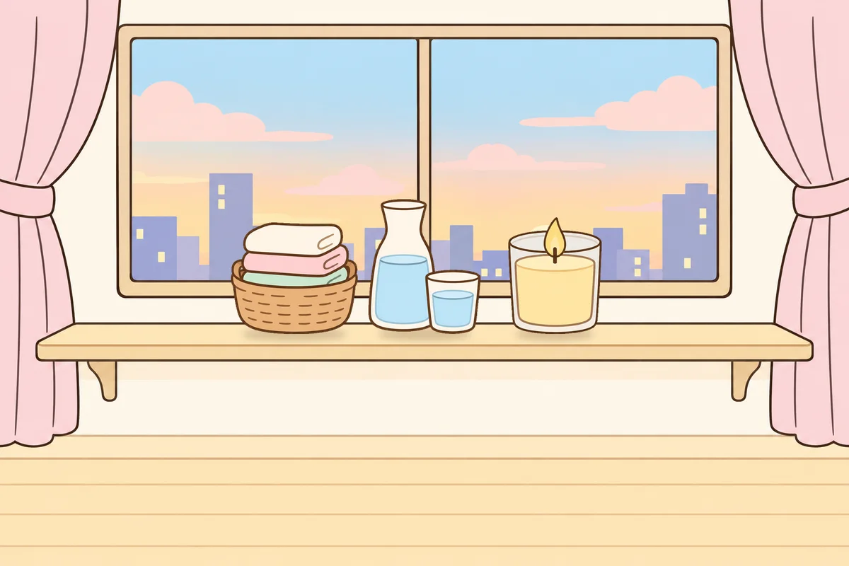 인천 부평 여성전용 아로마 마사지 후기 안내 그림, 호텔 창가 선반 위의 수건 바구니, 물병, 향초