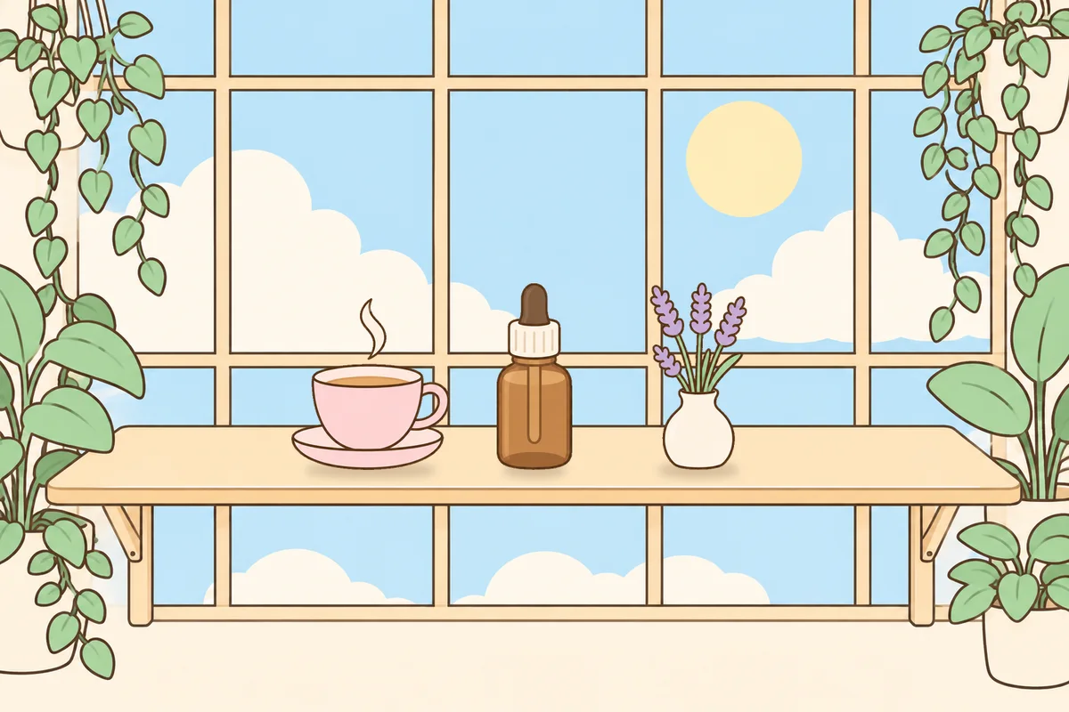 인천 부평 여성전용 스웨디시 가격 안내 그림, 햇살 드는 창가 선반 위의 찻잔, 오일병, 라벤더 꽃병