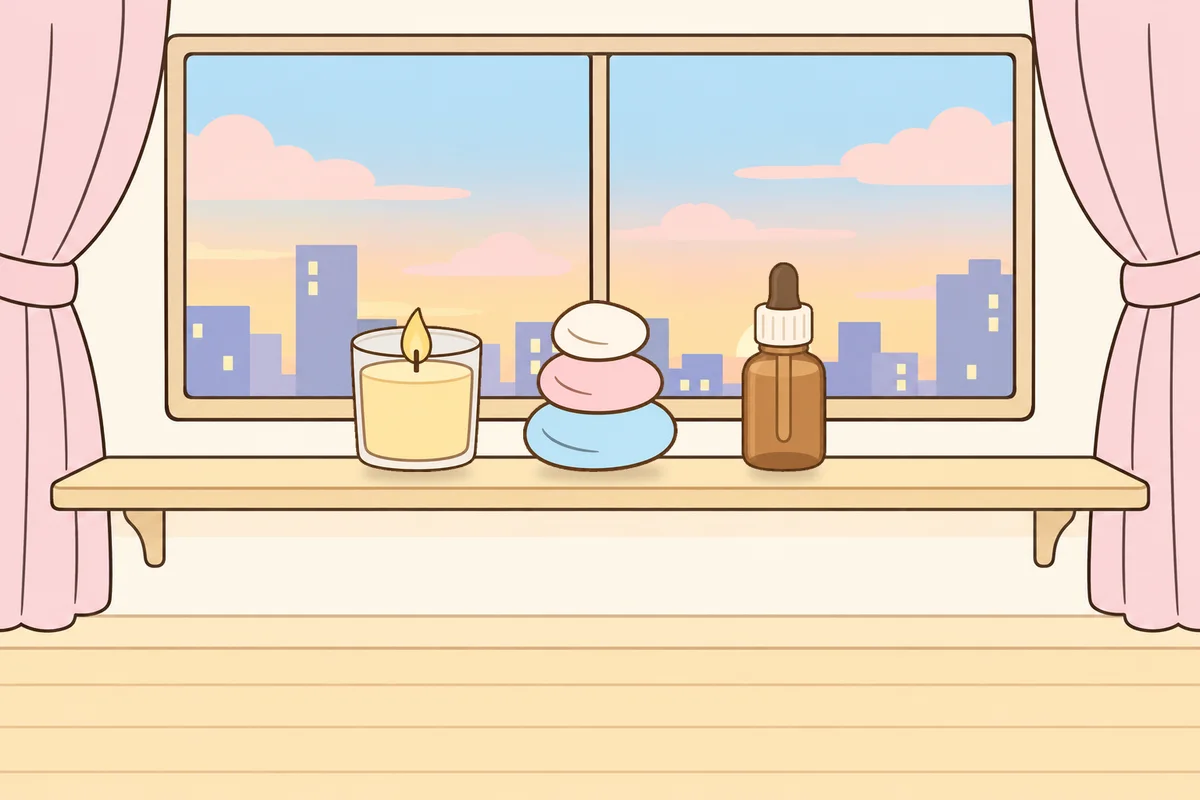 인천 부평 여성전용 스웨디시 추천 안내 그림, 호텔 창가 선반 위의 향초, 조약돌, 오일병