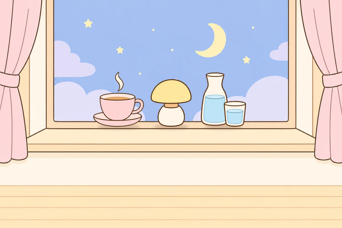 인천 부평 여성전용 경락 추천 안내 그림, 밤 창가 창턱 위의 찻잔, 무드등, 물병
