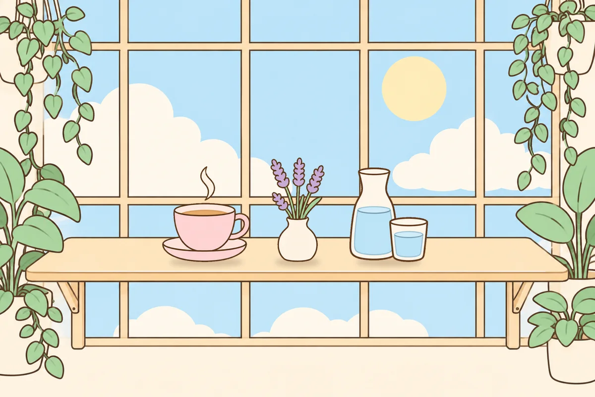 인천 부평 여성전용 홈케어 안내 그림, 햇살 드는 창가 선반 위의 찻잔, 라벤더 꽃병, 물병