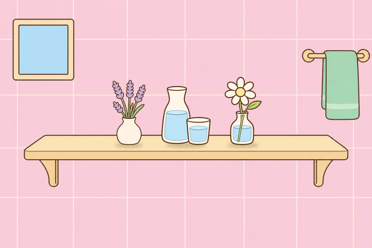 인천 부평 여성전용 홈케어 후기 안내 그림, 파우더룸 선반 위의 라벤더 꽃병, 물병, 데이지 꽃병