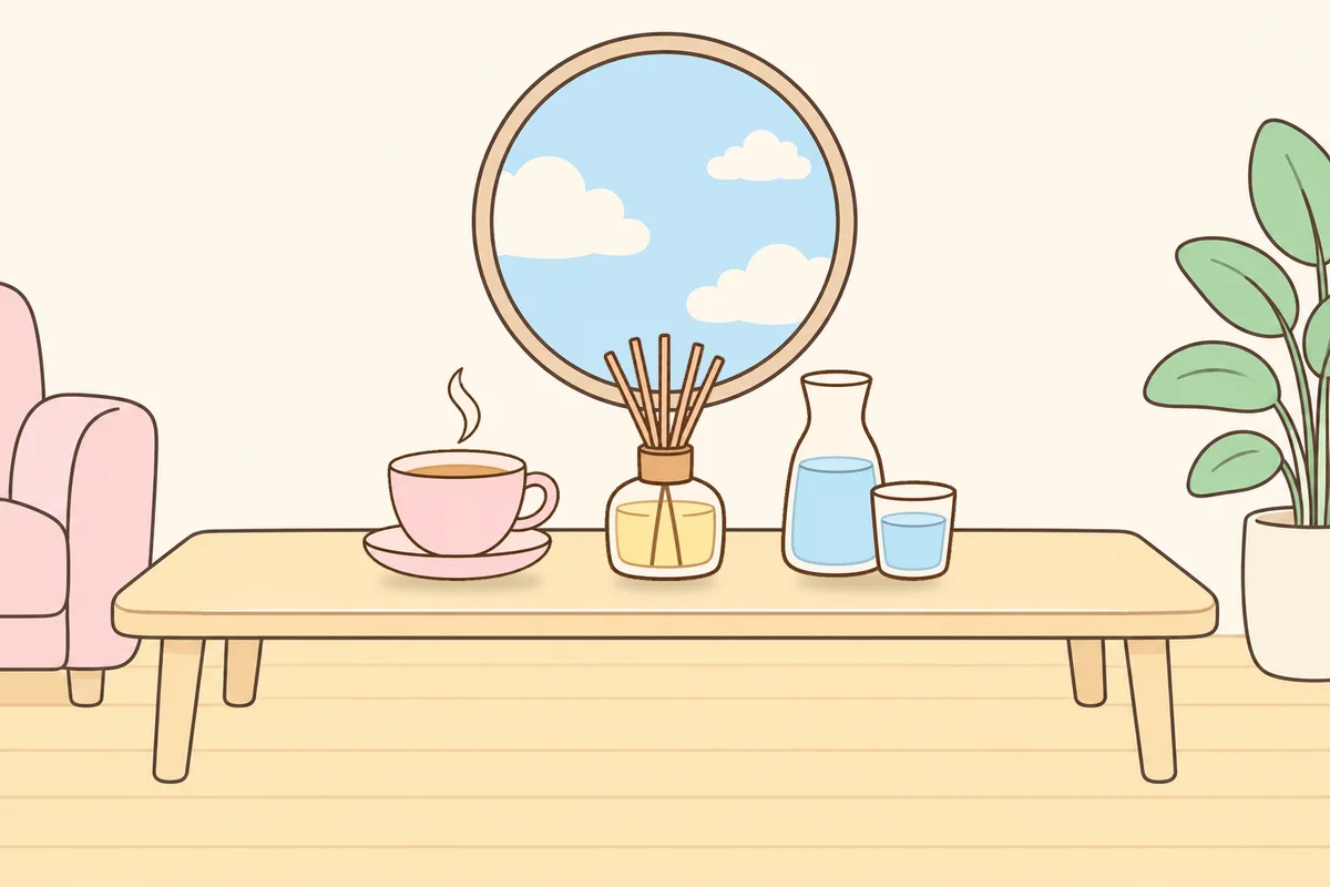 인천 부평 여성전용 발관리 안내 그림, 거실 원목 테이블 위의 찻잔, 디퓨저, 물병