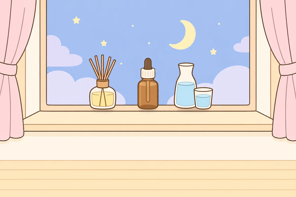 인천 부평 여성전용 발 케어 안내 그림, 밤 창가 창턱 위의 디퓨저, 오일병, 물병