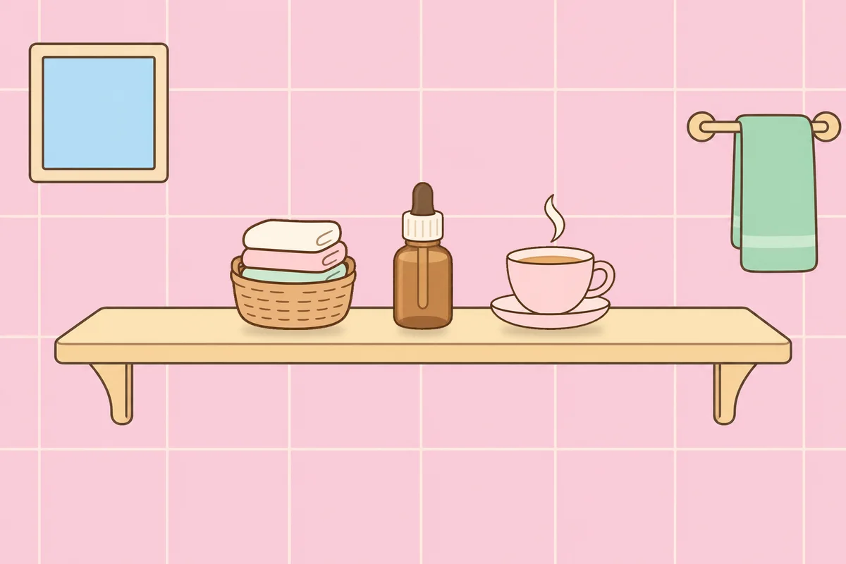 인천 부평 여성전용 발관리 후기 안내 그림, 파우더룸 선반 위의 수건 바구니, 오일병, 찻잔
