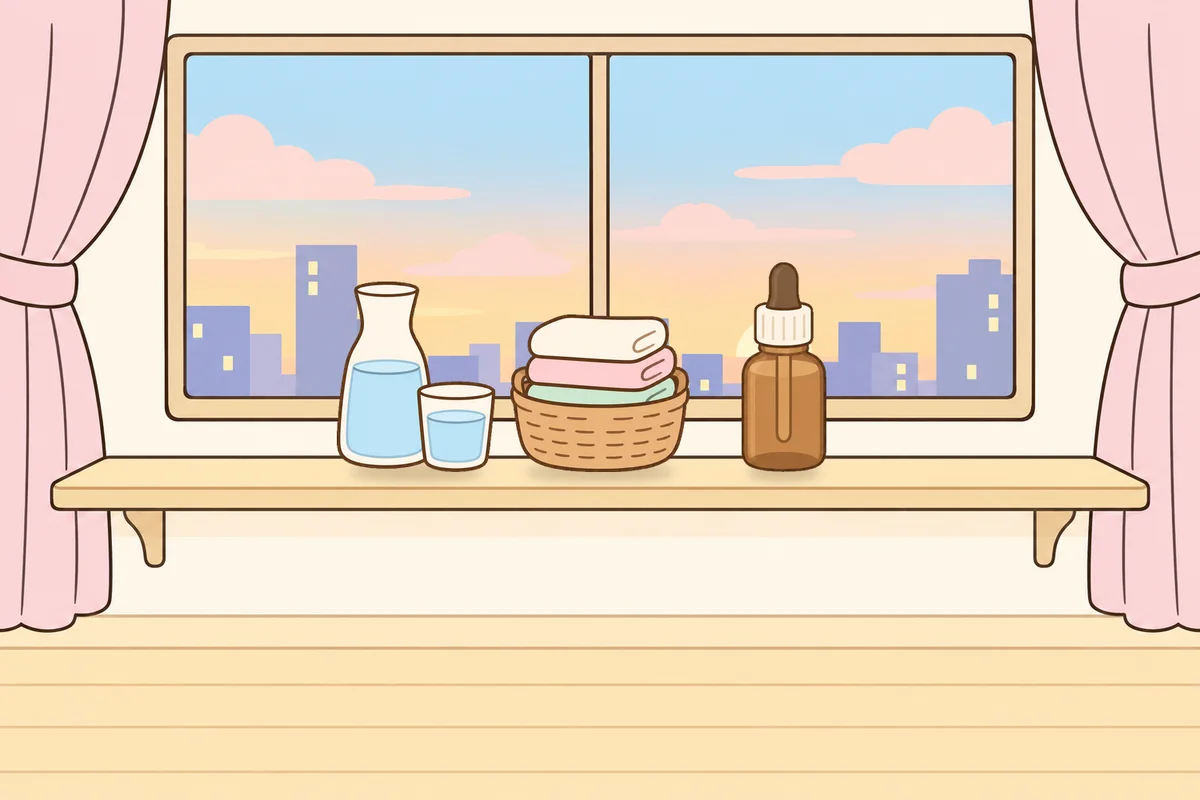 인천 부평 여성전용 다이어트 마사지 안내 그림, 호텔 창가 선반 위의 물병, 수건 바구니, 오일병