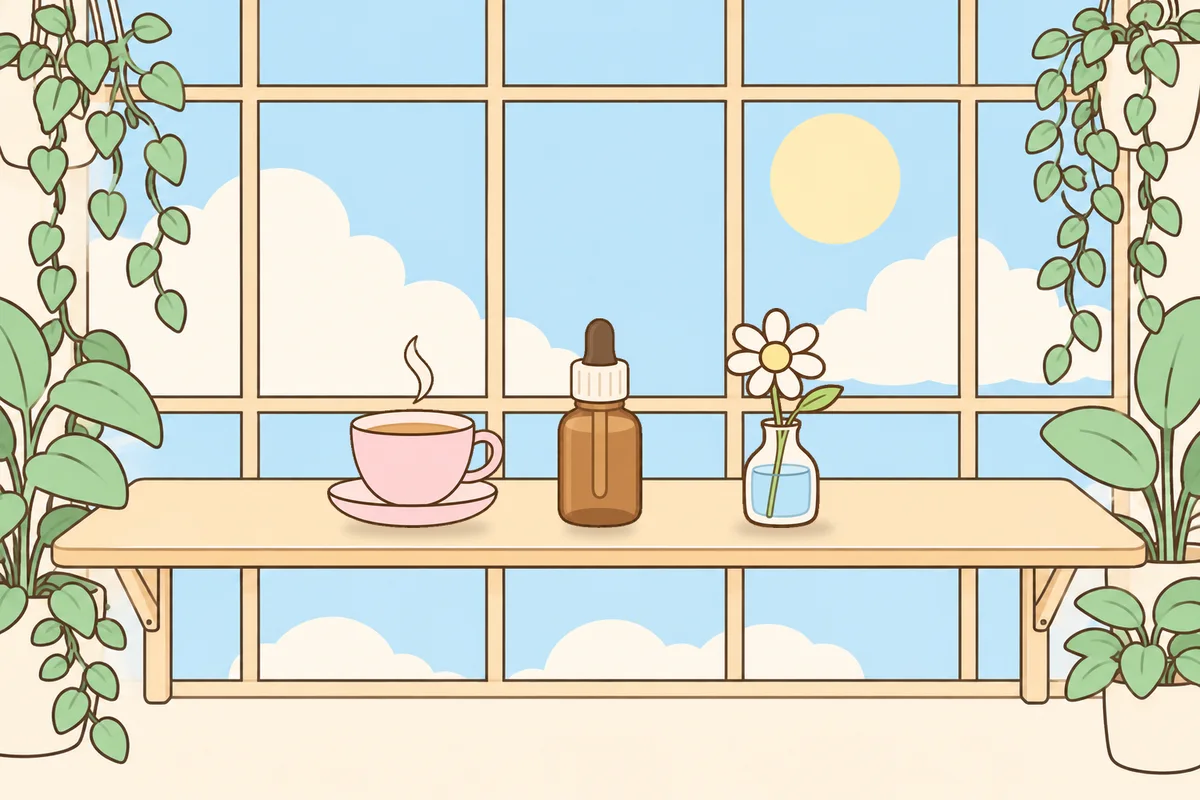 인천 부평 여성전용 두통 완화 마사지 안내 그림, 햇살 드는 창가 선반 위의 찻잔, 오일병, 데이지 꽃병