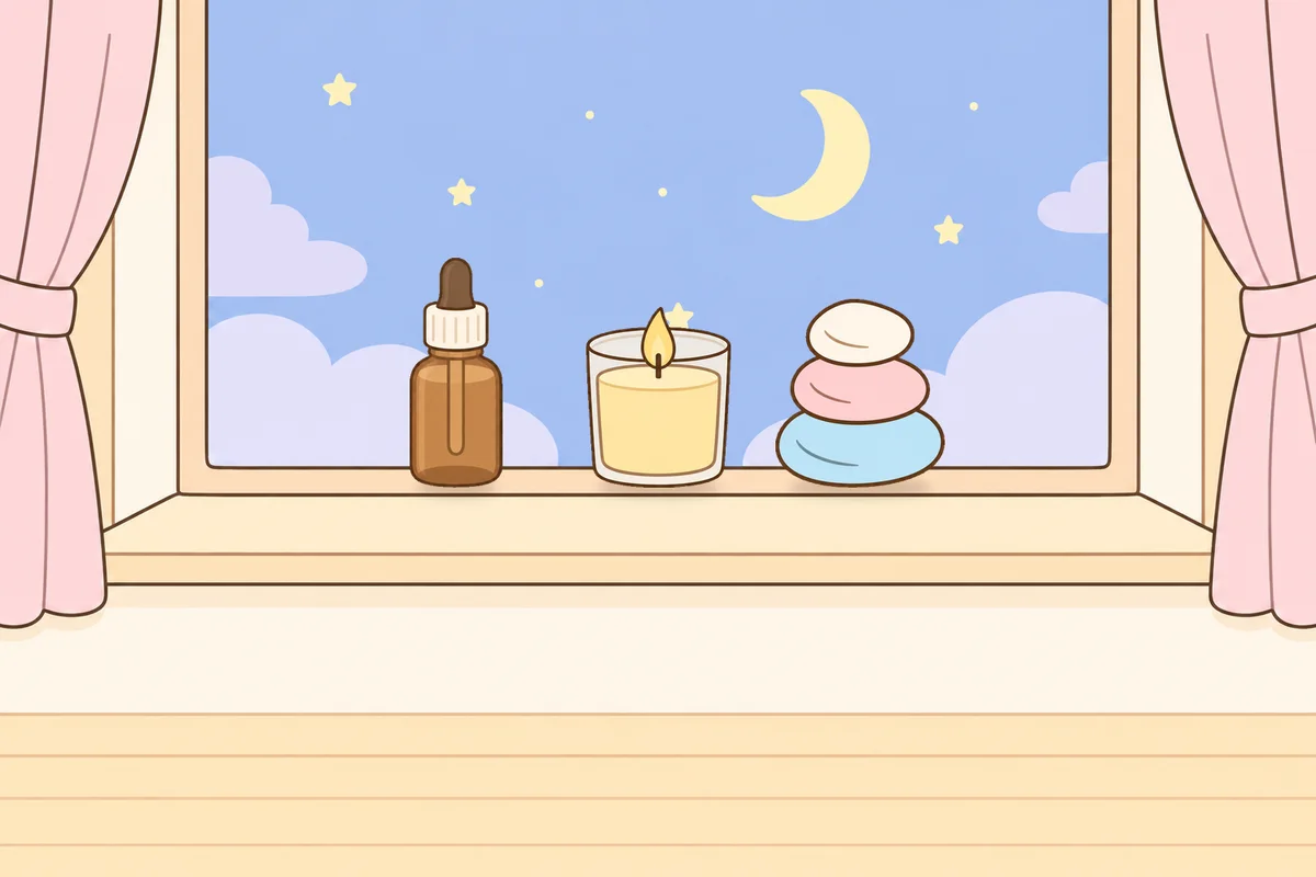인천 부평 여성전용 스트레스 케어 안내 그림, 밤 창가 창턱 위의 오일병, 향초, 조약돌