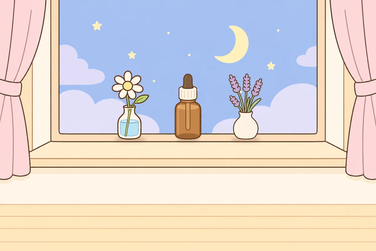 인천 부평 여성전용 페이셜 마사지 안내 그림, 밤 창가 창턱 위의 데이지 꽃병, 오일병, 라벤더 꽃병